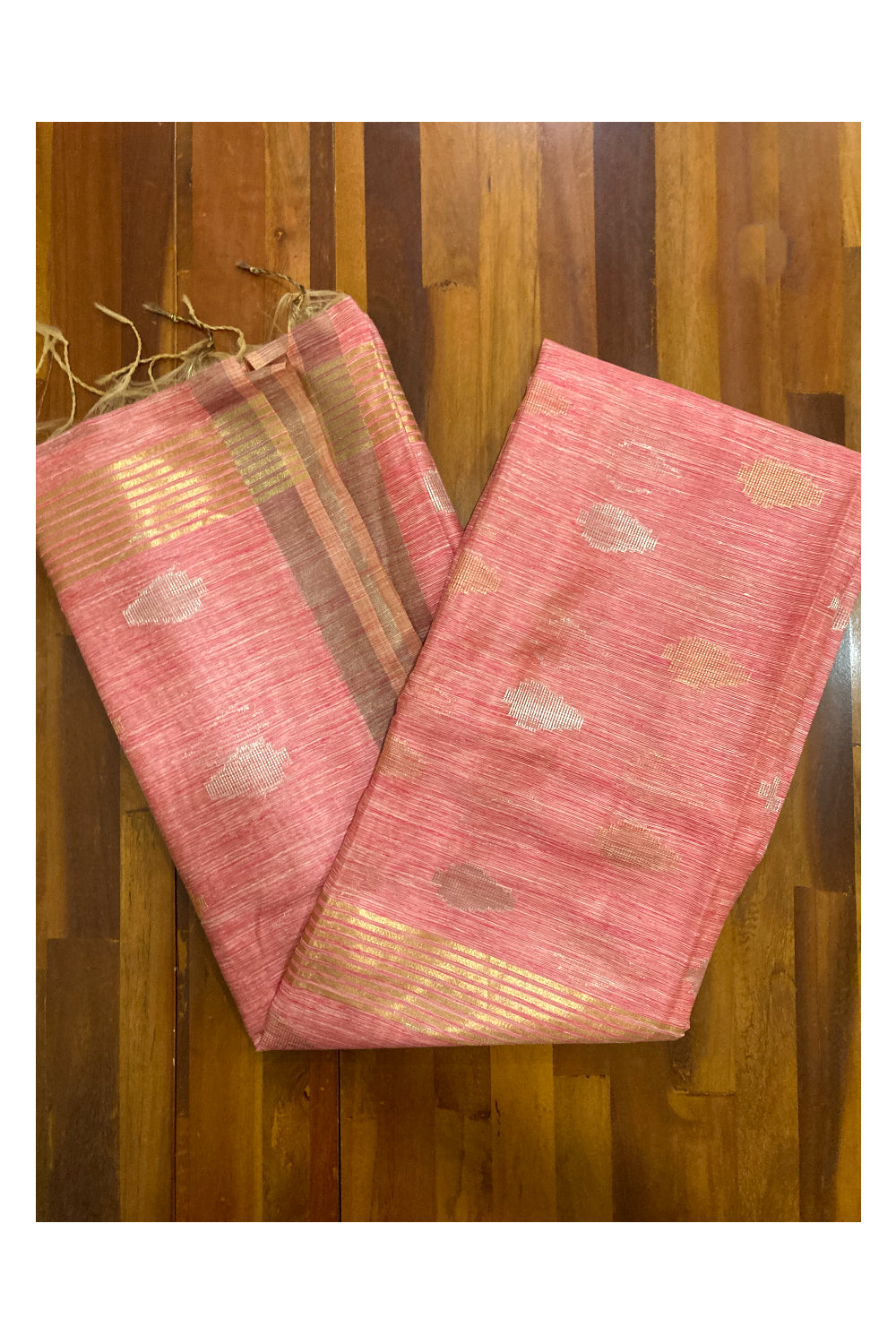 Southloom Semi Tussar Kasavu Designer Woven Works in Peach Saree