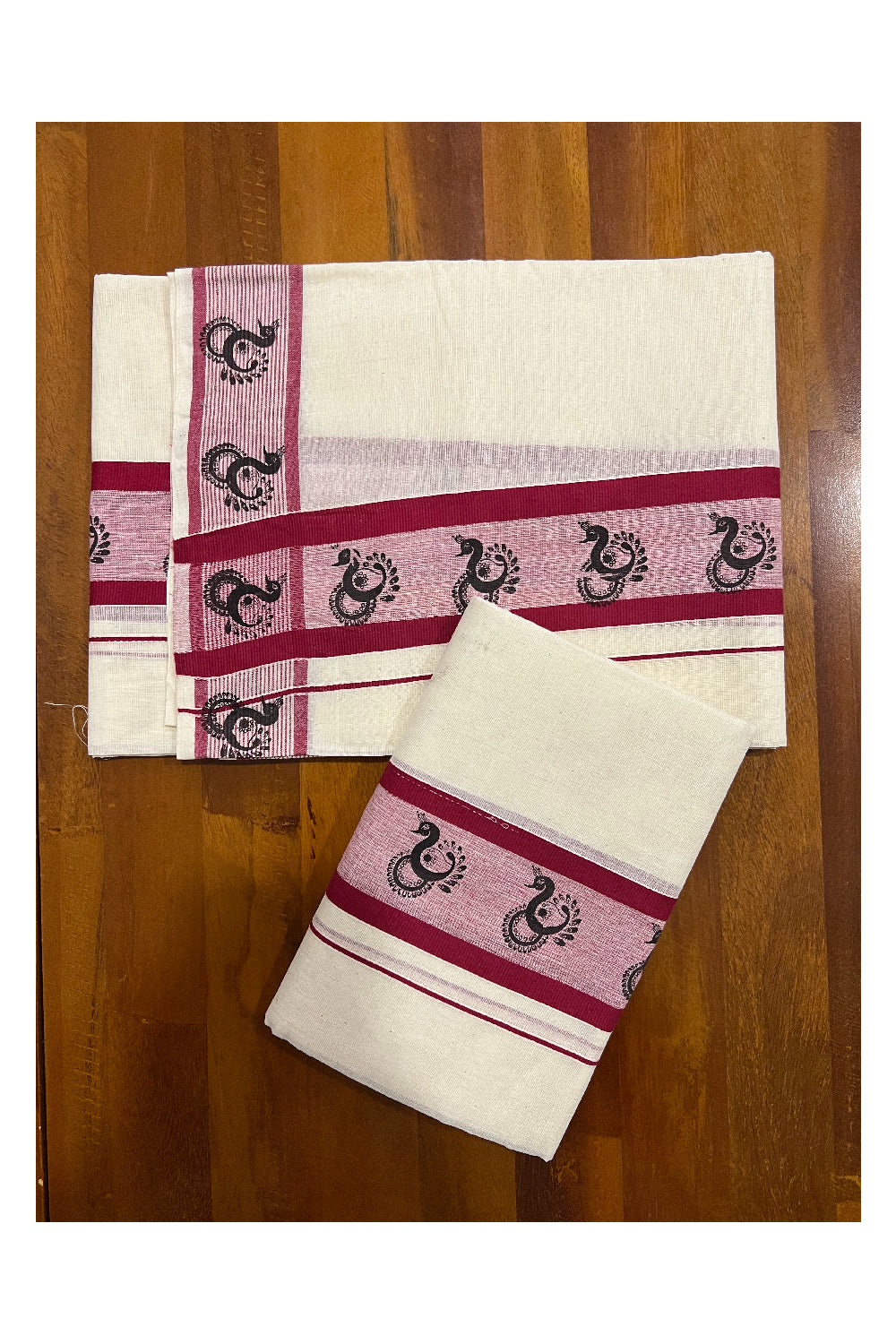 Kerala Cotton Set Mundu (Mundum Neriyathum) with Black Block Prints on Dark Red Border