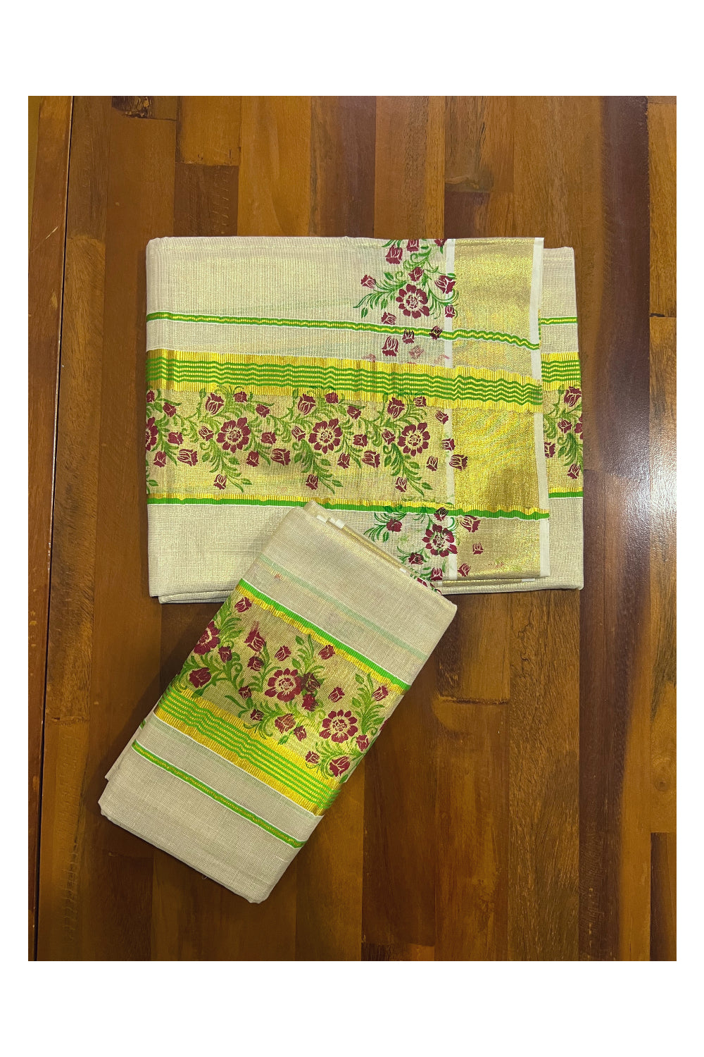 Kerala Tissue Kasavu Set Mundu (Mundum Neriyathum) with Light Green Red Floral Block Prints on Border