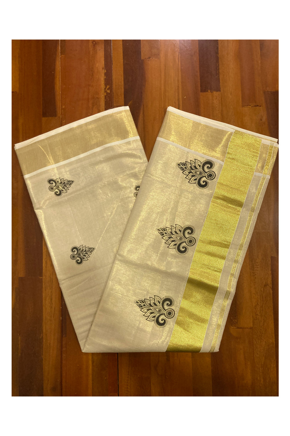 Kerala Tissue Kasavu Saree with Black Block Printed Design