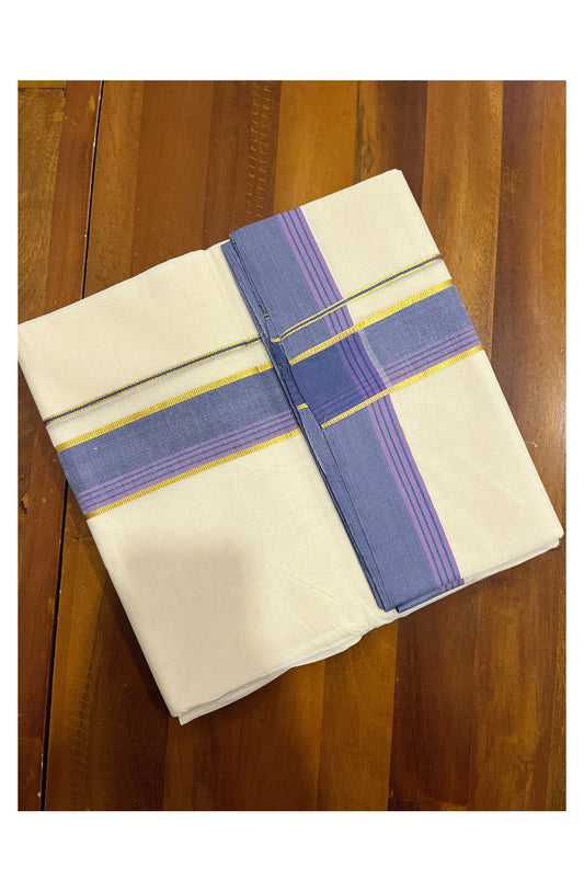 Pure Cotton Off White 100x100 Double Mundu with Silver Kasavu and Blue Violet Lines Border (South Indian Kerala Dhoti)