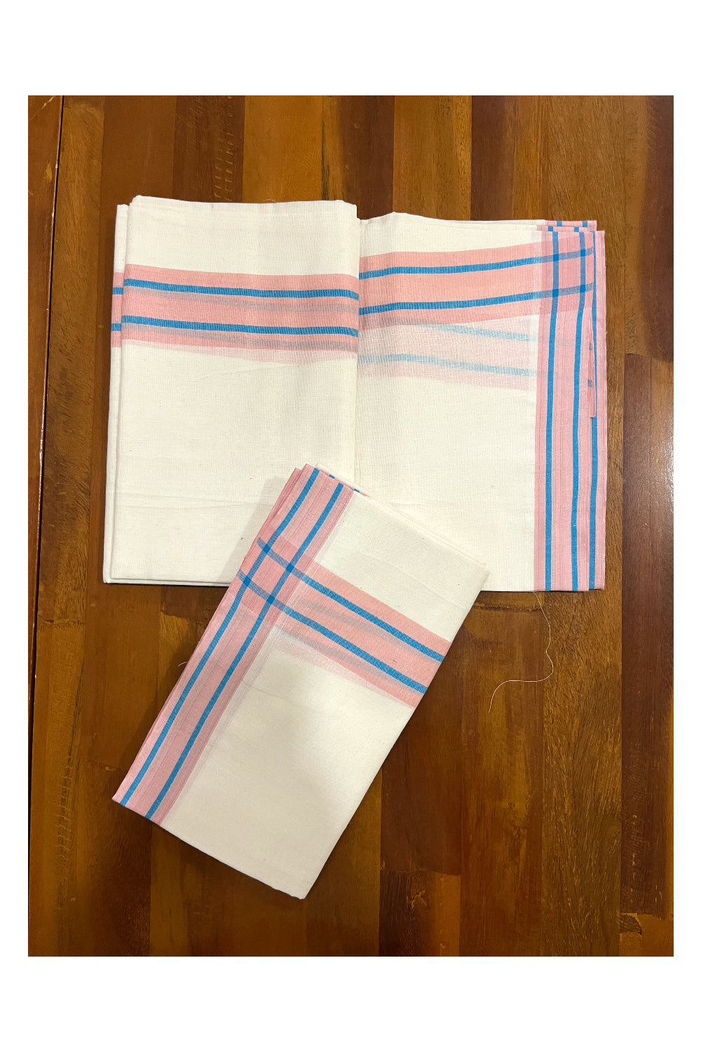 Kerala Cotton Mulloth Mundum Neriyathum Single (Set Mundu) with Peach and Blue Border (Extra Soft Cotton)