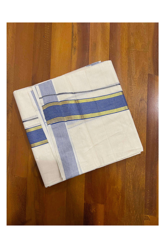 Off White Kerala Double Mundu with Blue and Kasavu Border (South Indian Dhoti)