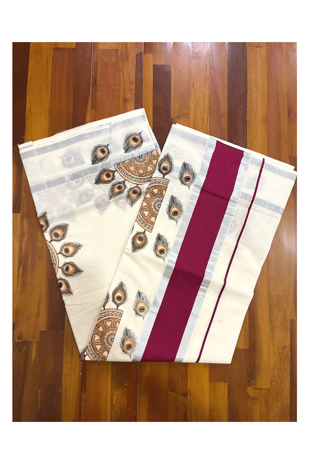 Pure Cotton Kerala Saree with Brown Peacock Feather Semi Circle Mural Prints and Silver Maroon Border