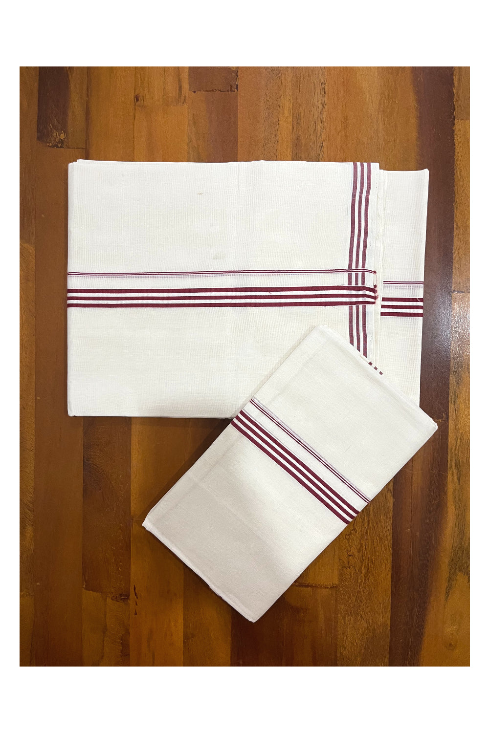 Southloom Premium Handloom Single Set Mundu (Mundum Neriyathum) with Maroon Lines Border