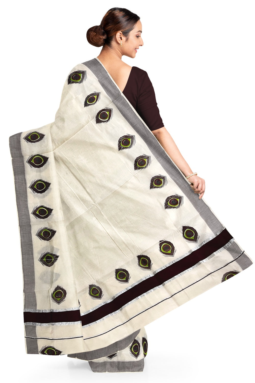 Pure Cotton Silver Kasavu and Dark Brown Border Kerala Saree with Feather Block Printed Design