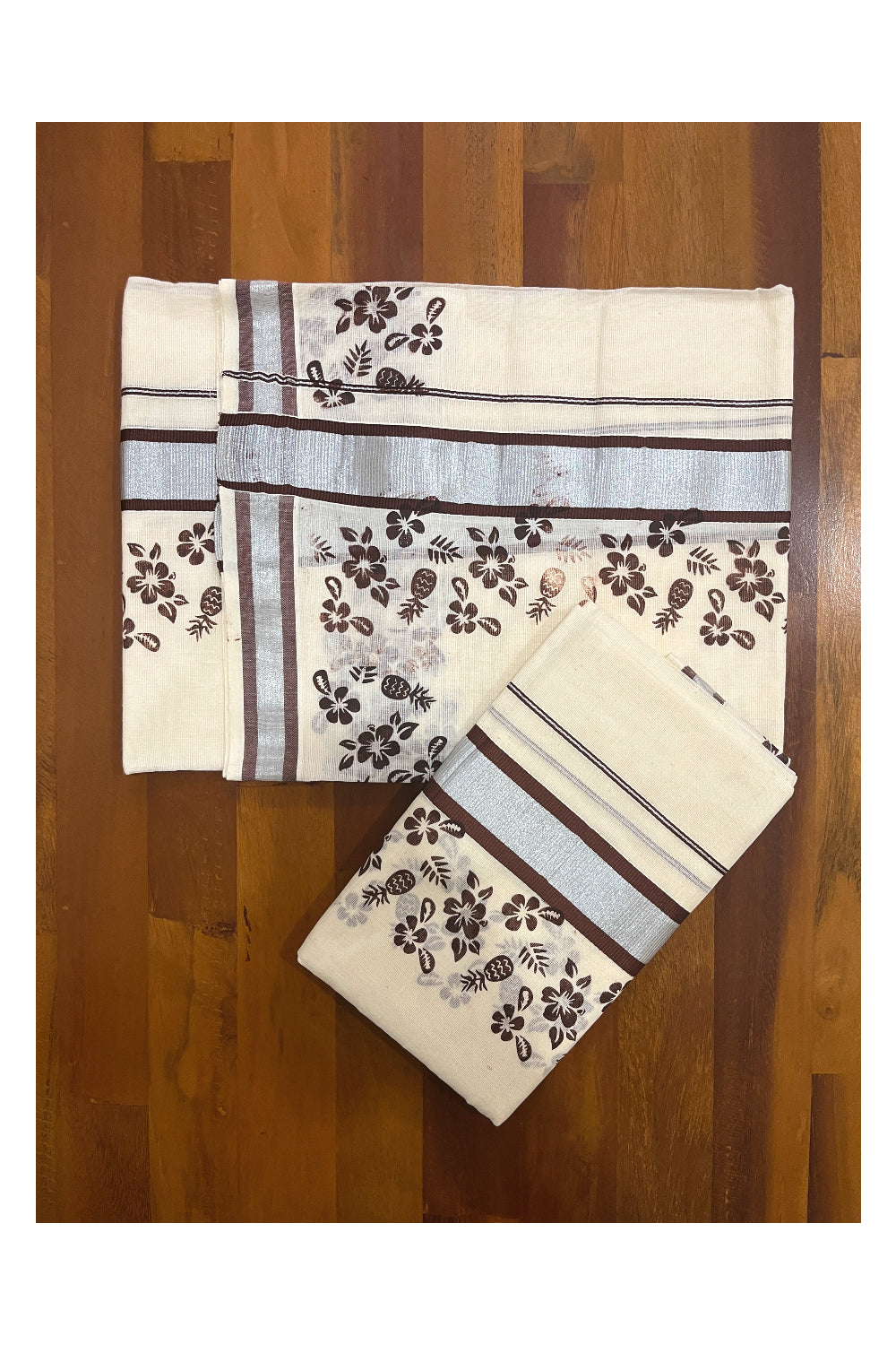 Pure Cotton Single Set Mundu (Mundum Neriyathum) with Silver Kasavu and Brown Floral Block Prints