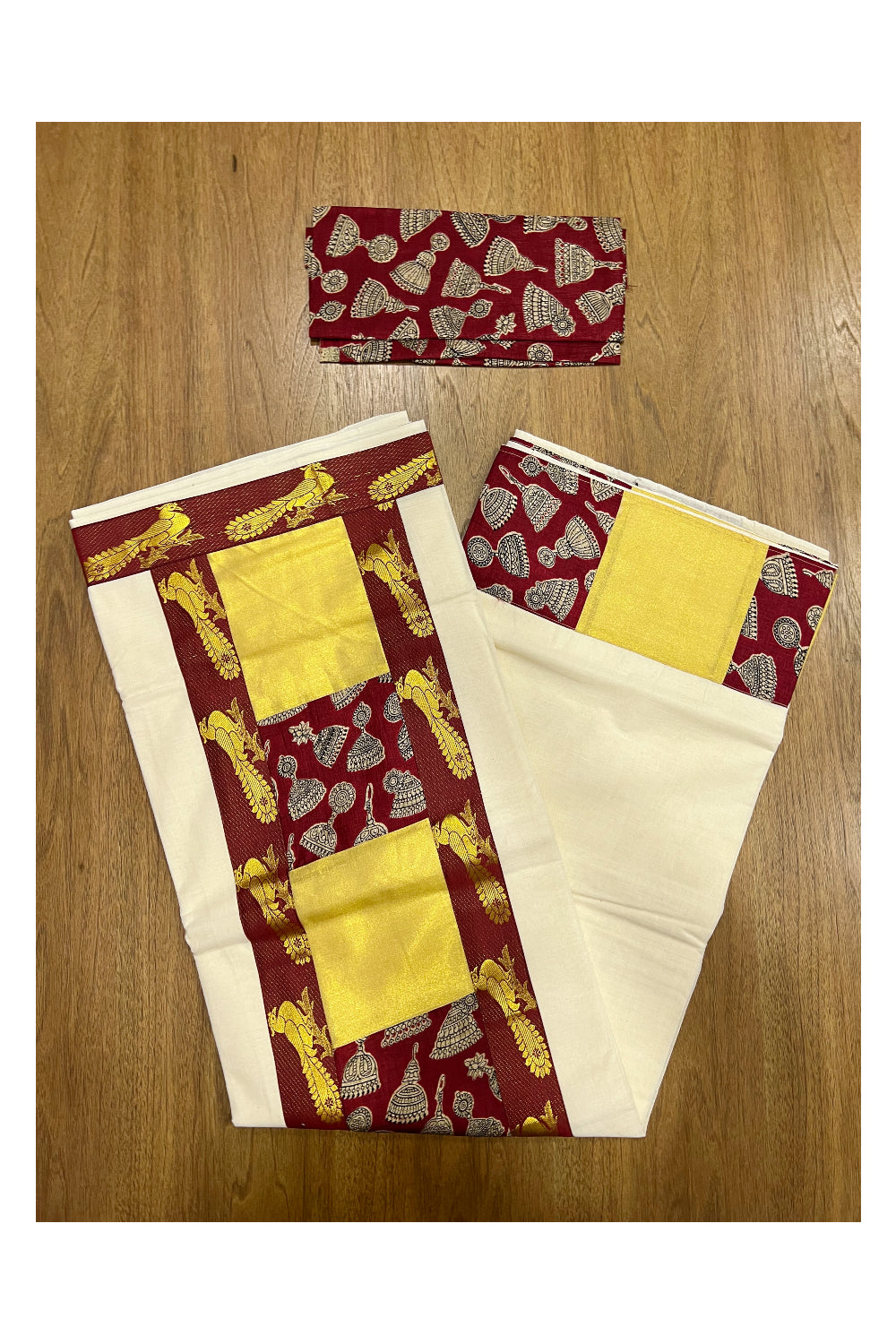 Kerala Pure Cotton Fusion Art Maroon Jimikki Kammal Printed Kasavu Saree with Printed Blouse Piece