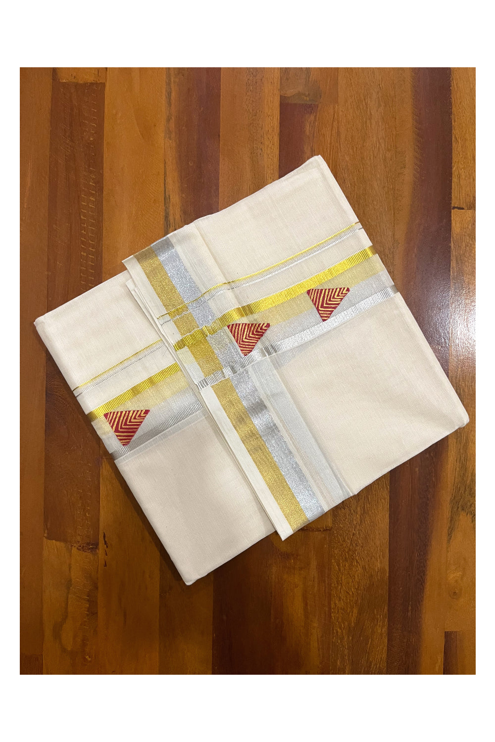 Off White Pure Cotton Double Mundu with Red Mural Hand Painted Design on Silver and Golden Kasavu Kara (South Indian Dhoti)