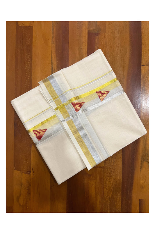 Off White Pure Cotton Double Mundu with Red Mural Hand Painted Design on Silver and Golden Kasavu Kara (South Indian Dhoti)