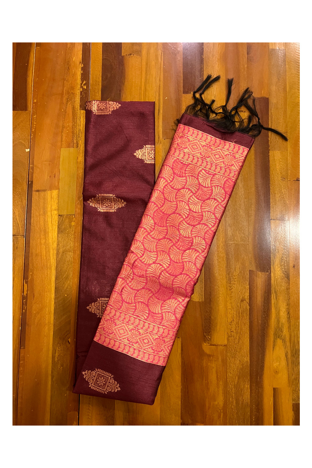 Southloom Maroon Semi Silk Designer Saree with Copper Kasavu Woven Works on Body