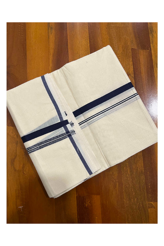 Off White Cotton Mundu with Navy Blue Puliyilakkara Border (South Indian Dhoti)