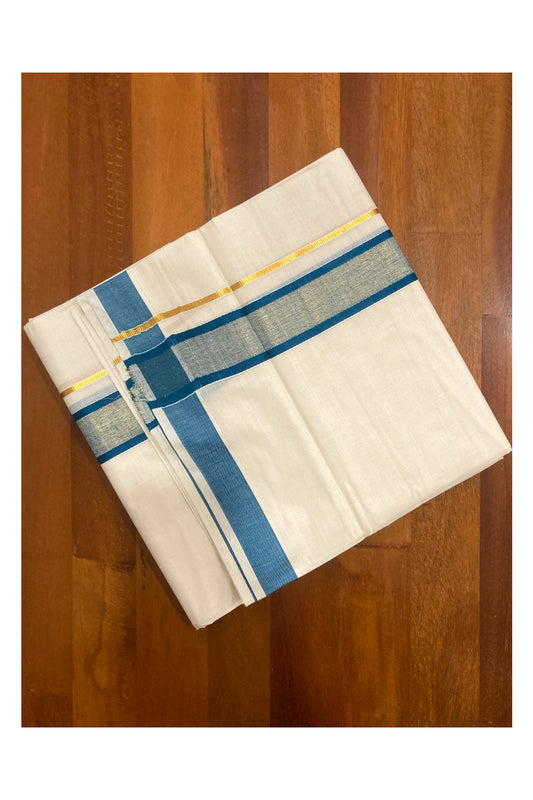 Off White Pure Cotton Double Mundu with Kasavu and Blue Border (South Indian Dhoti)