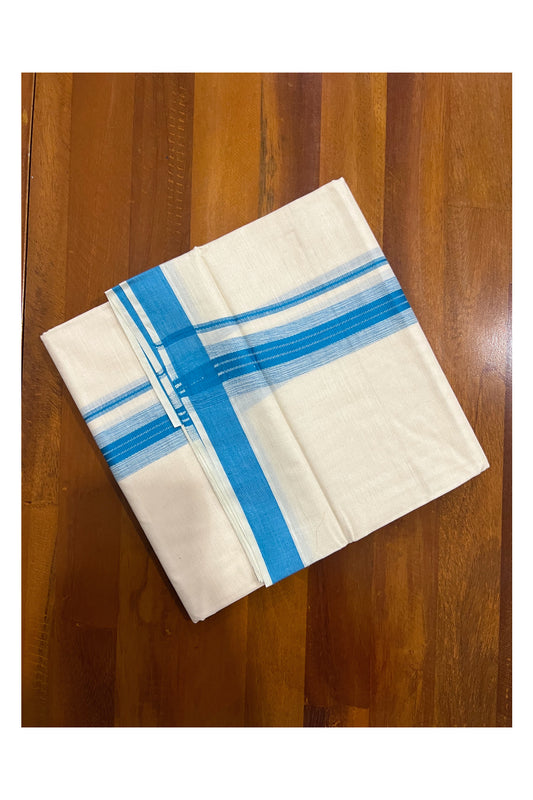 Pure Cotton Off White Double Mundu with Light Blue Border (South Indian Kerala Dhoti)