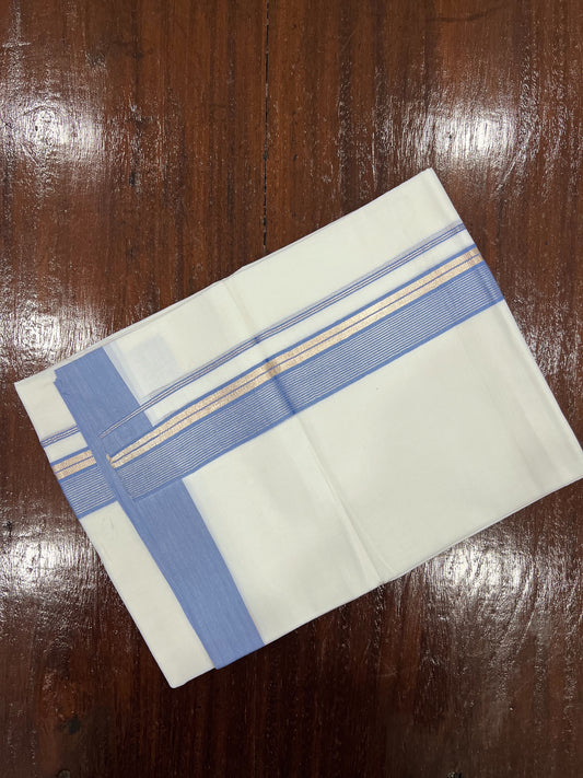 Pure White Cotton Double Mundu with Silver Kasavu and Blue Border (South Indian Dhoti)