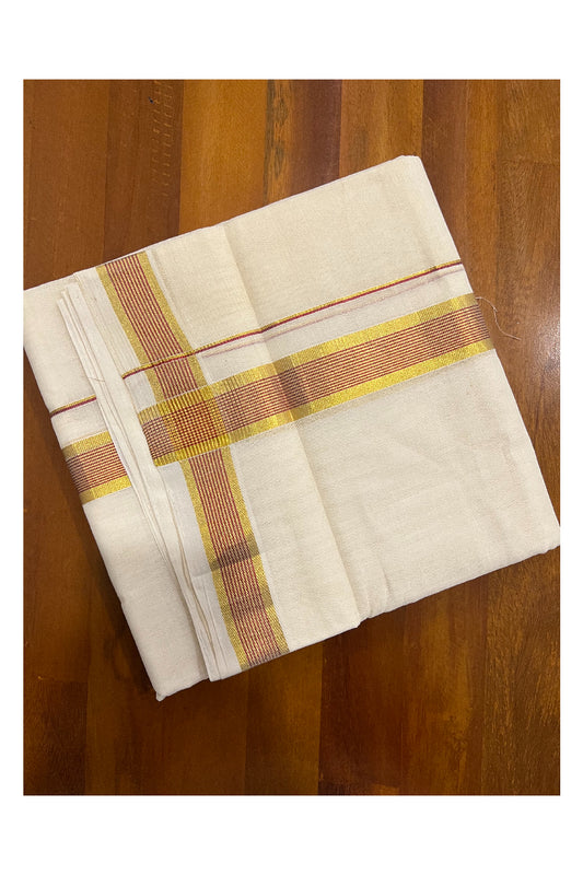 Southloom Kuthampully Handloom Pure Cotton Mundu with Golden and Red Kasavu Border (South Indian Dhoti)