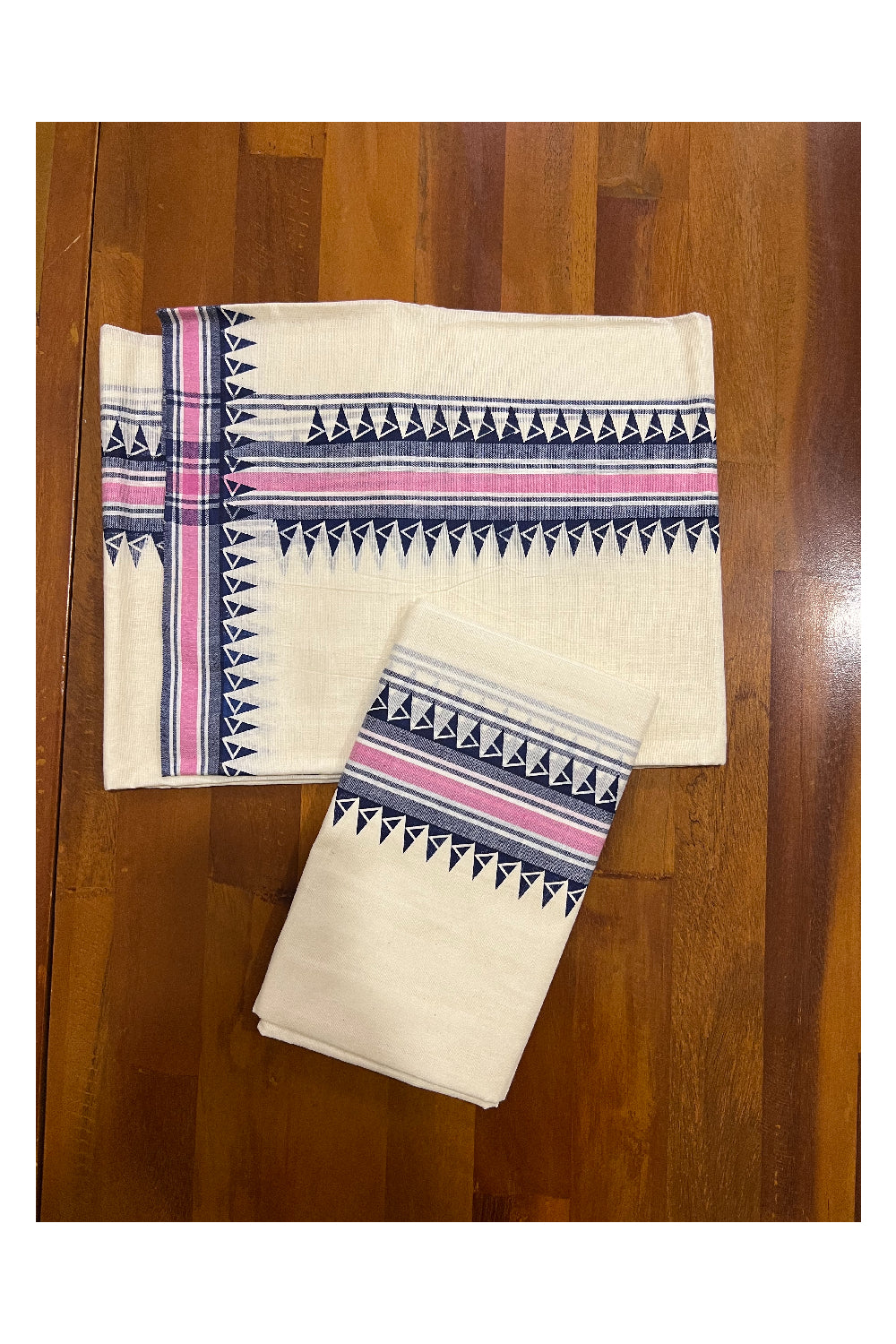 Kerala Cotton Mulloth Mundum Neriyathum Single (Set Mundu) with Dark Blue Temple Block Prints on Pink and Dark Blue Border (Extra Soft Cotton)