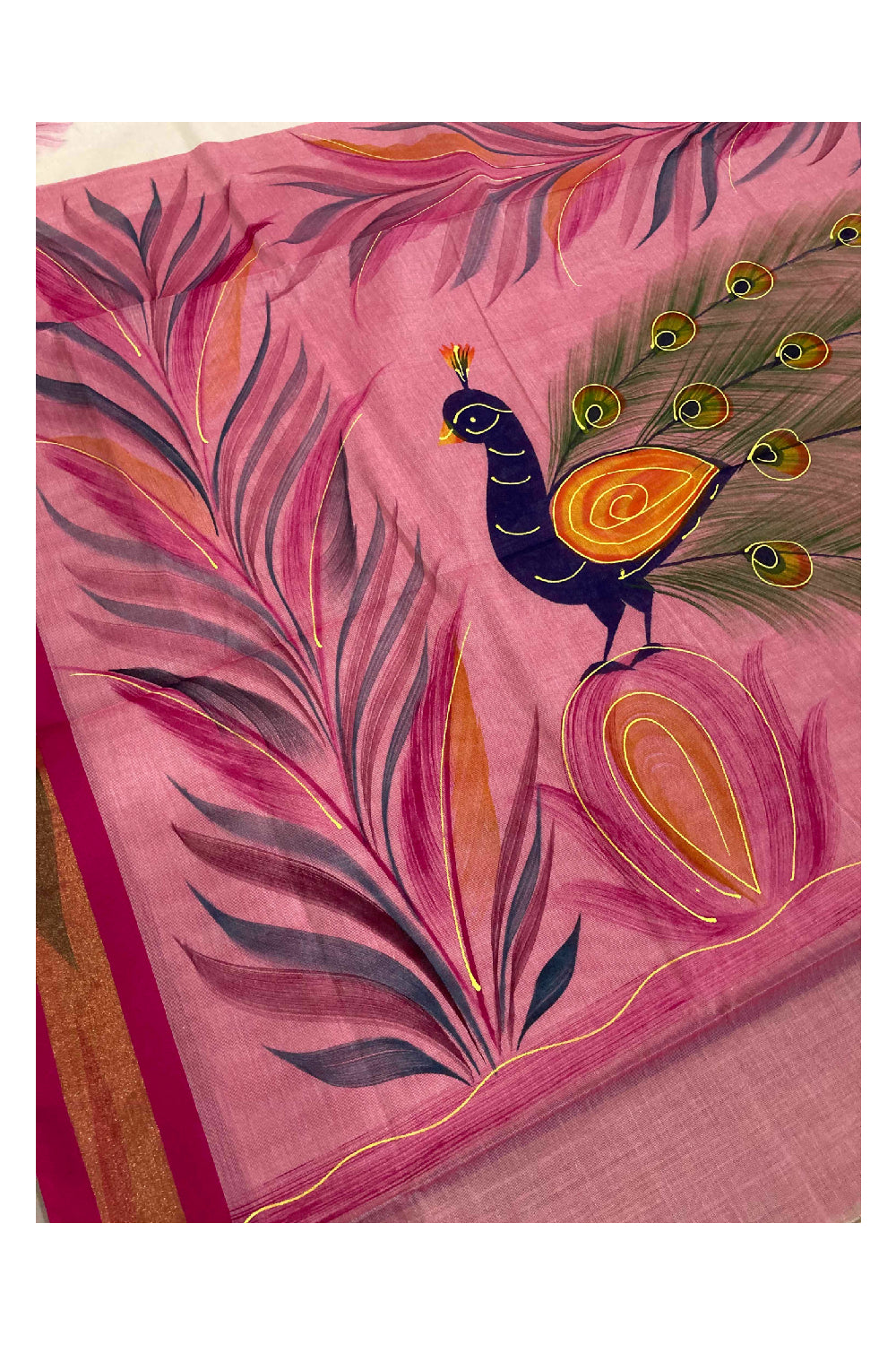 Southloom Rose Handpainted Mural Kerala Kasavu Saree Peacock Art