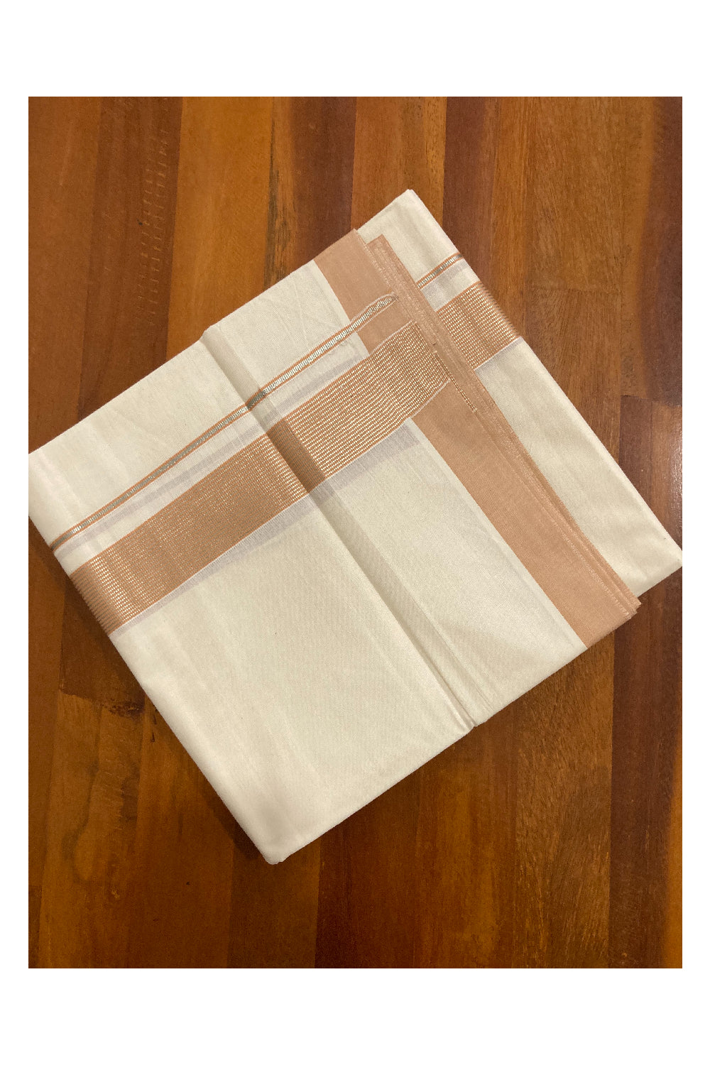 Off White Kerala Double Mundu with Silver Kasavu and Beige Line Border (South Indian Dhoti)