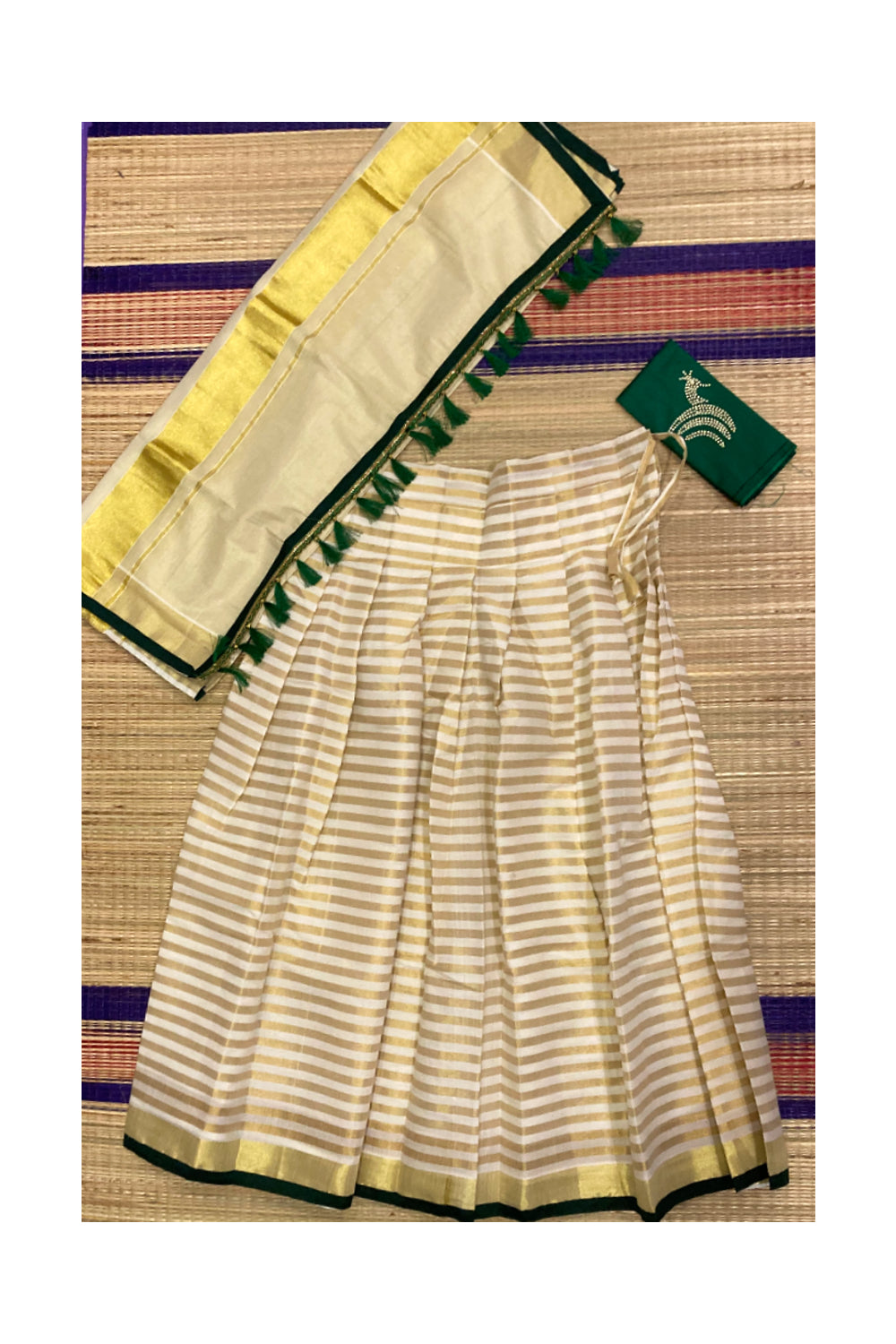 Kerala Cotton Semi Stitched Dhavani Set with Lines Work Pavada and Green Blouse Piece