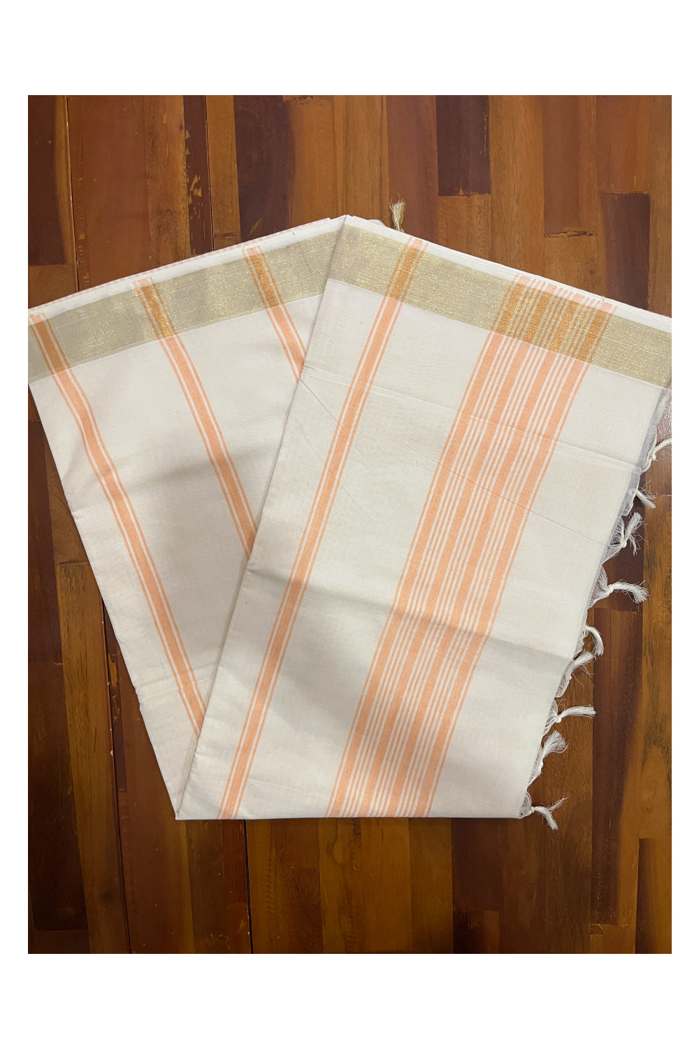 Pure Cotton Off White Kerala Saree with Orange Pallu and Lines Design Running Blouse Piece (Onam Saree 2023)