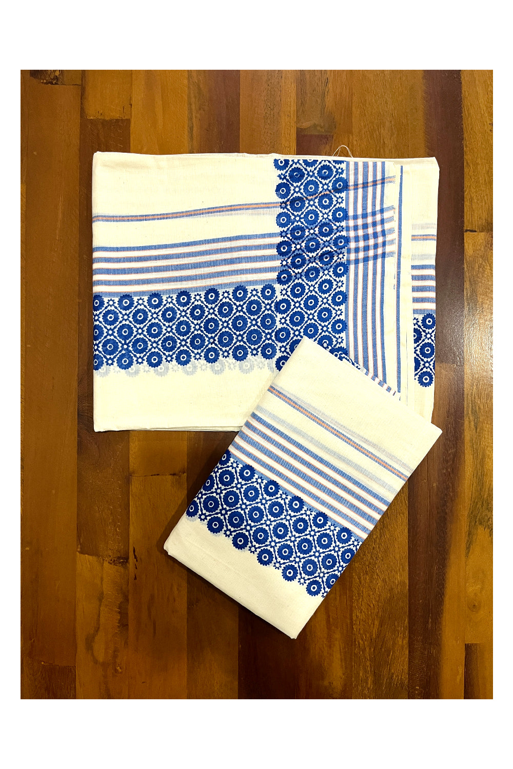 Kerala Cotton Mulloth Mundum Neriyathum Single (Set Mundu) with Blue Block Printed Border (Extra Soft Cotton)