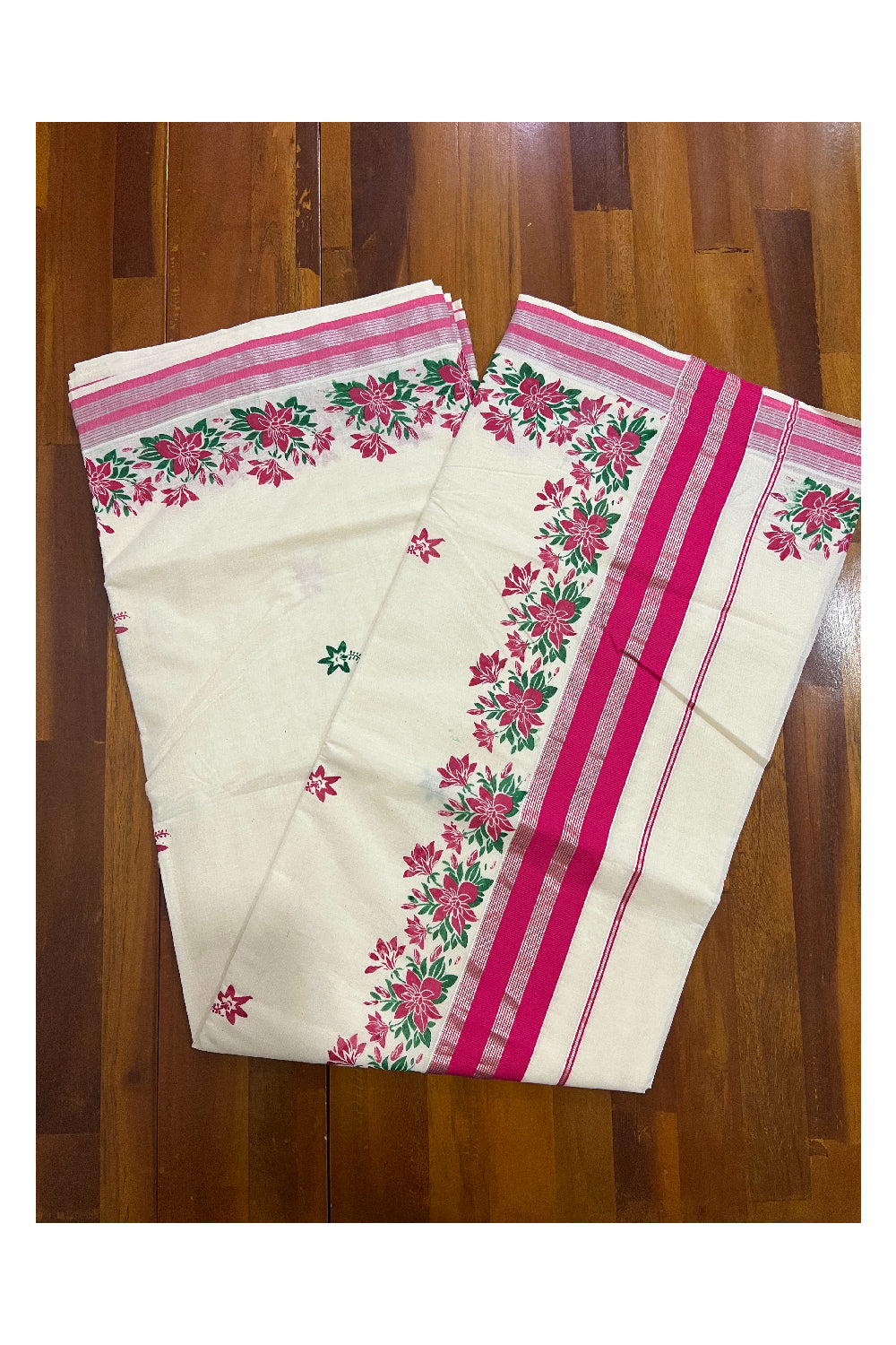 Pure Cotton Kerala Silver Kasavu Saree with Pink and Green Floral Block Printed Design