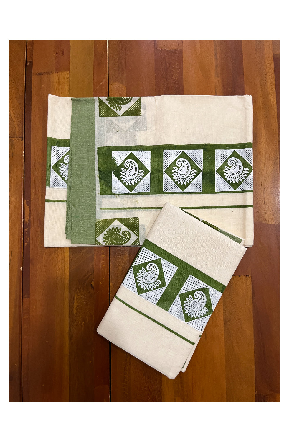 Kerala Cotton Set Mundu (Mundum Neriyathum) with White Block Prints on Green Border