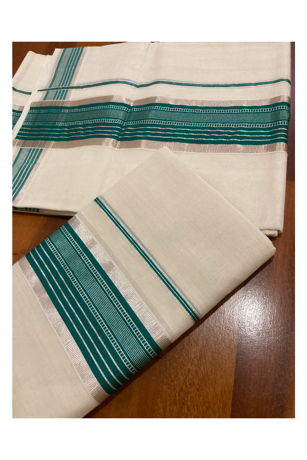 Southloom Premium Handloom Single Set Mundu with Silver Kasavu and Green Border