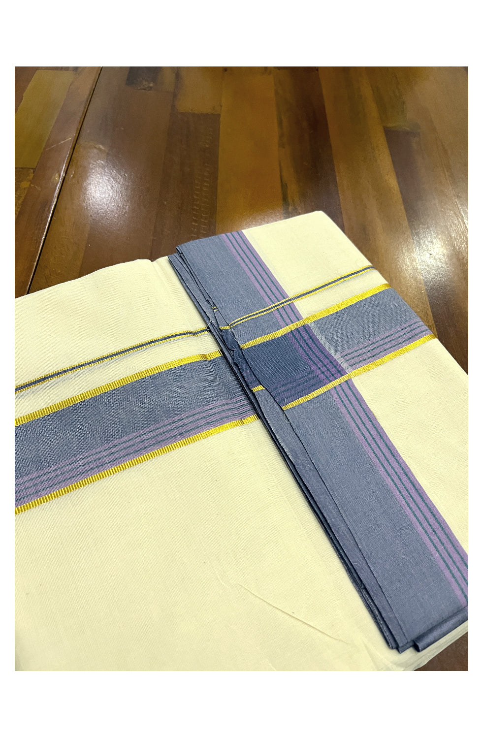 Pure Cotton Off White 100x100 Double Mundu with Silver Kasavu and Blue Violet Lines Border (South Indian Kerala Dhoti)