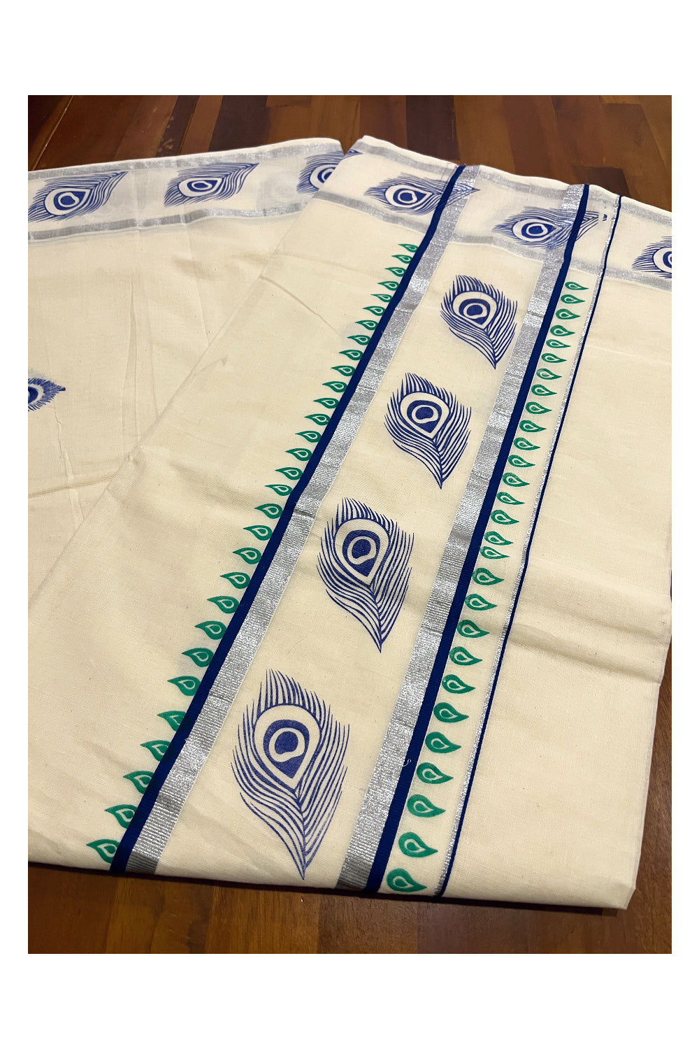 Pure Cotton Off White Kerala Saree with Blue Block Prints in Silver Border (Vishu Saree 2023)