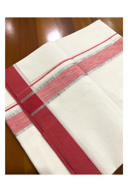 Pure White Cotton Double Mundu with Red and Silver Kasavu Border (South Indian Dhoti)