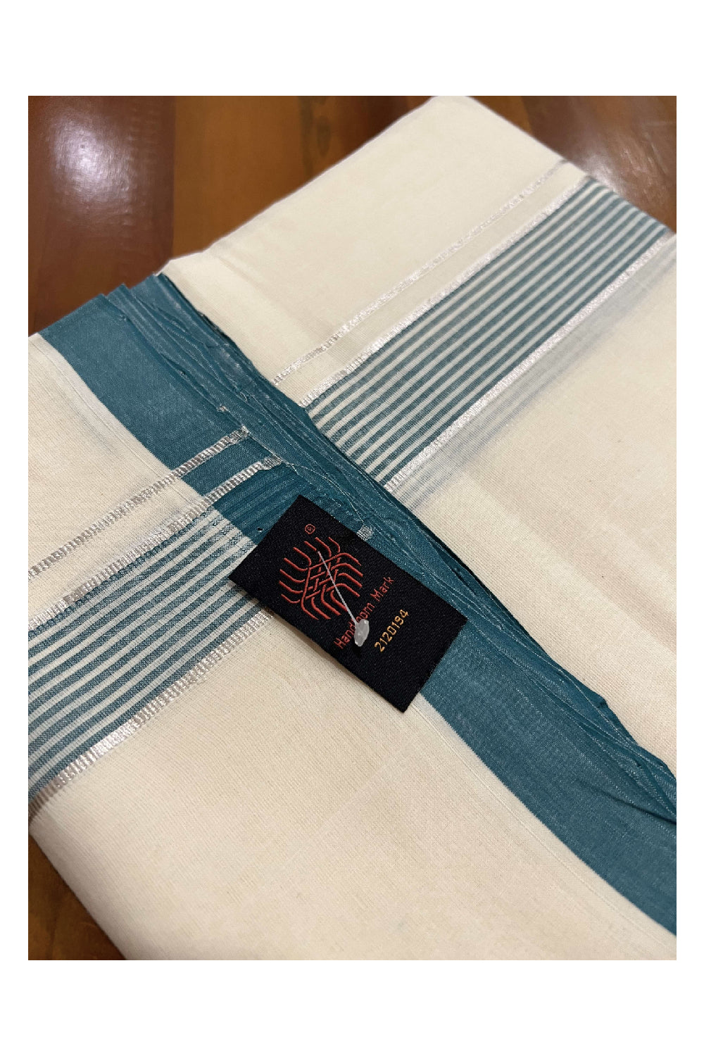 Southloom Balaramapuram Pure Cotton Handloom Mundu with Silver Kasavu and Green Lines Border