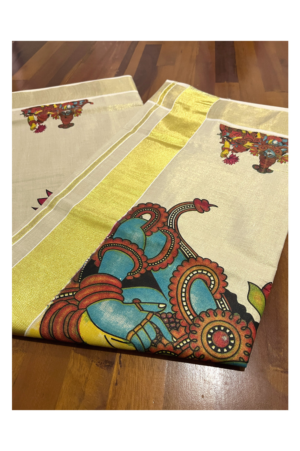 Kerala Tissue Kasavu Saree with Krishna Radha Mural Printed Design