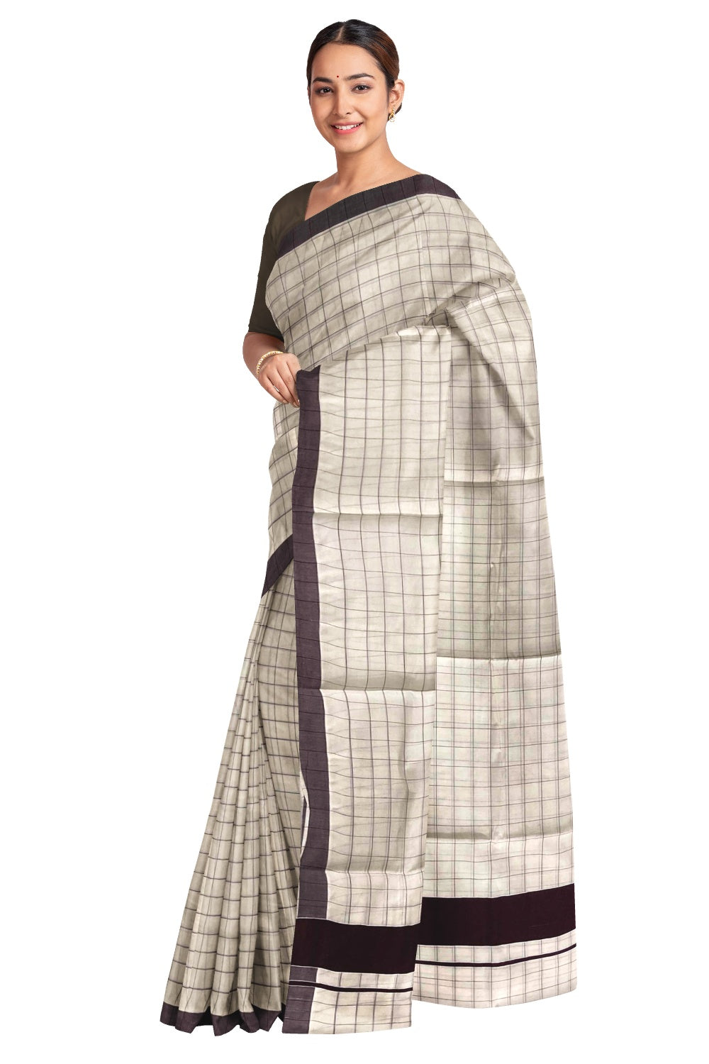 Kerala Pure Cotton Brown Woven Check Saree with 3 inch Border