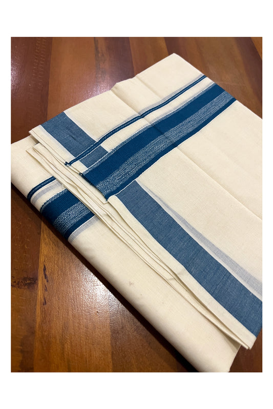 Pure Cotton Double Mundu with Blue Kara (South Indian Dhoti)