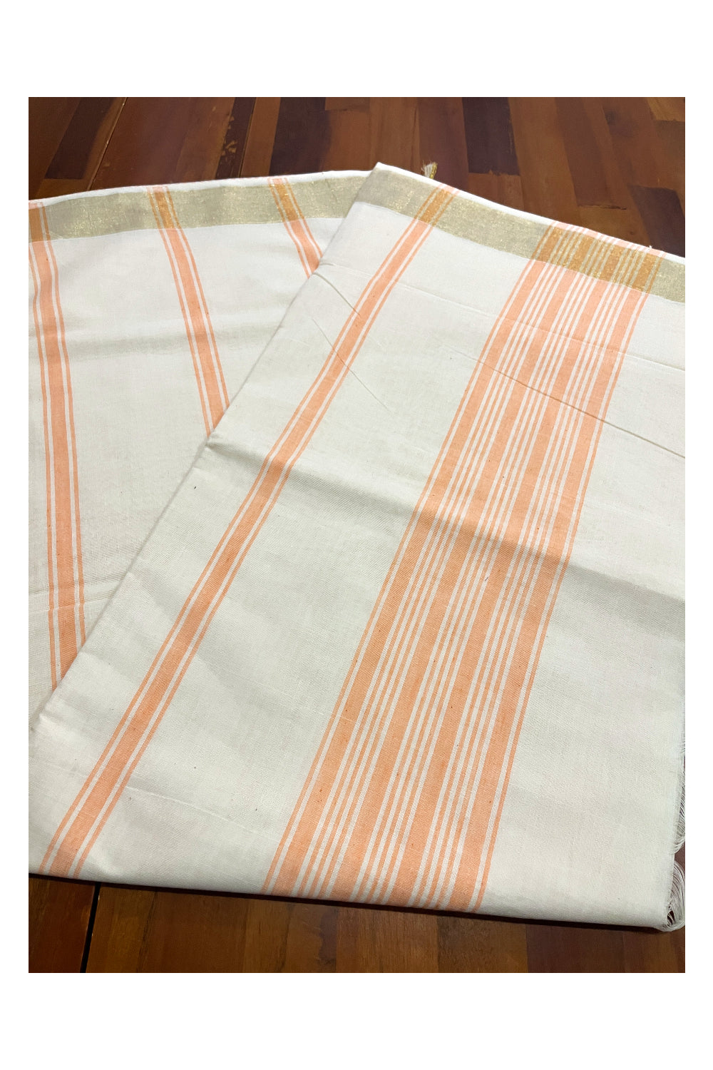 Pure Cotton Off White Kerala Saree with Orange Pallu and Lines Design Running Blouse Piece (Onam Saree 2023)