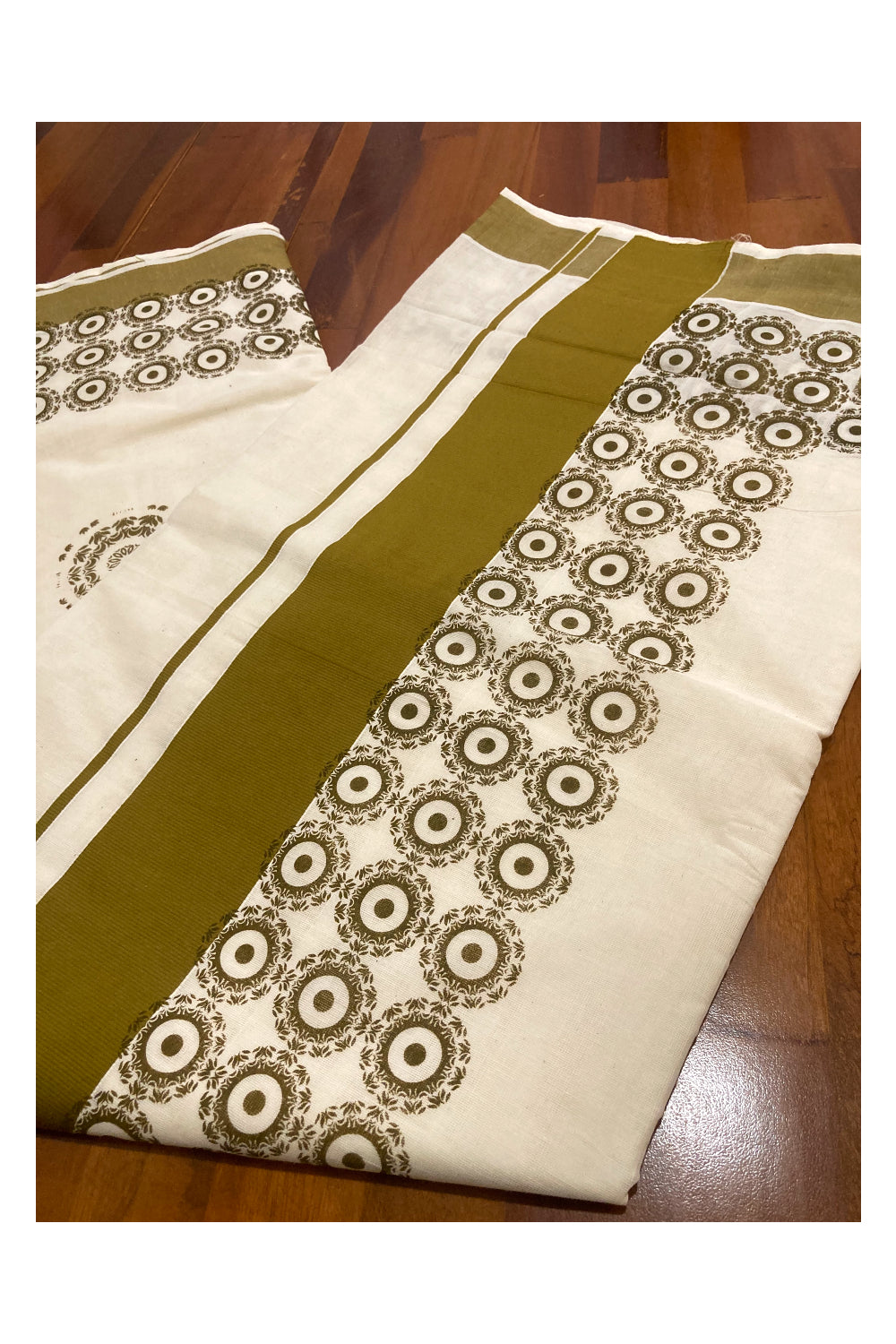 Pure Cotton Kerala Saree with Olive Brown Block Prints on Border and Pallu