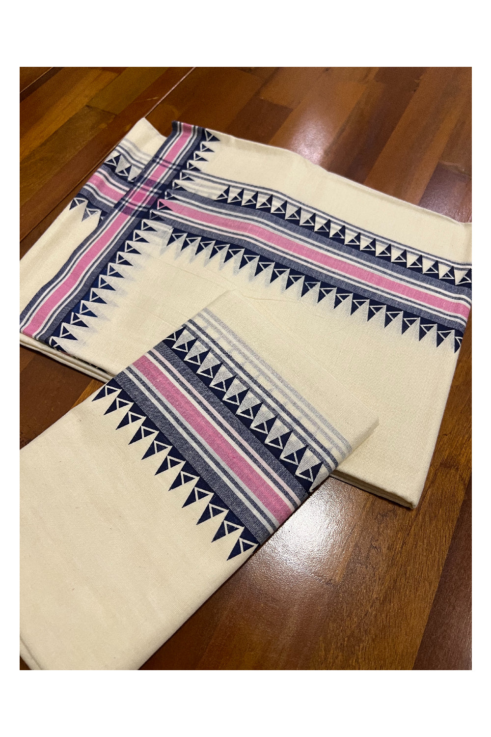 Kerala Cotton Mulloth Mundum Neriyathum Single (Set Mundu) with Dark Blue Temple Block Prints on Pink and Dark Blue Border (Extra Soft Cotton)