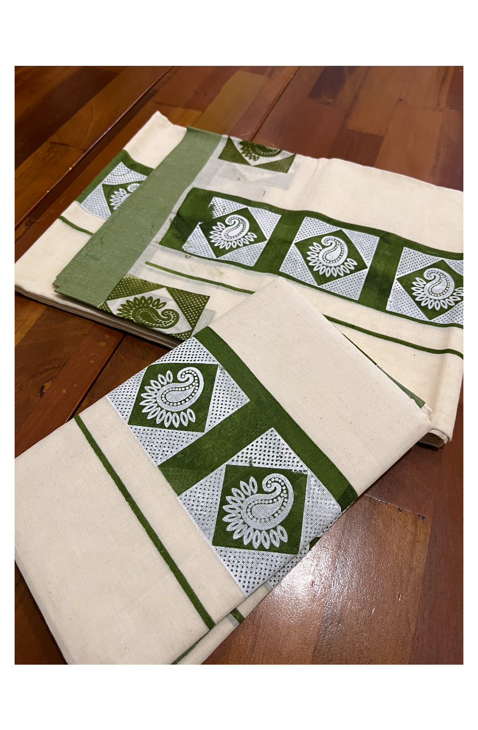 Kerala Cotton Set Mundu (Mundum Neriyathum) with White Block Prints on Green Border