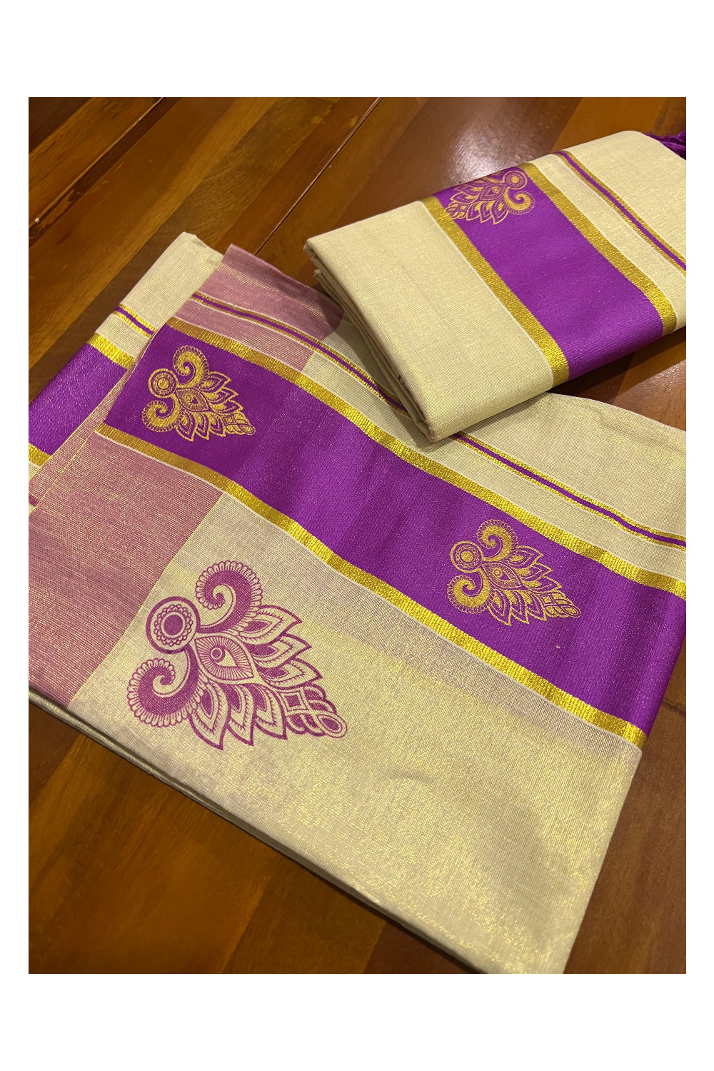 Kerala Tissue Kasavu Set Mundu (Mundum Neriyathum) with Golden and Violet Block Prints and Tassels