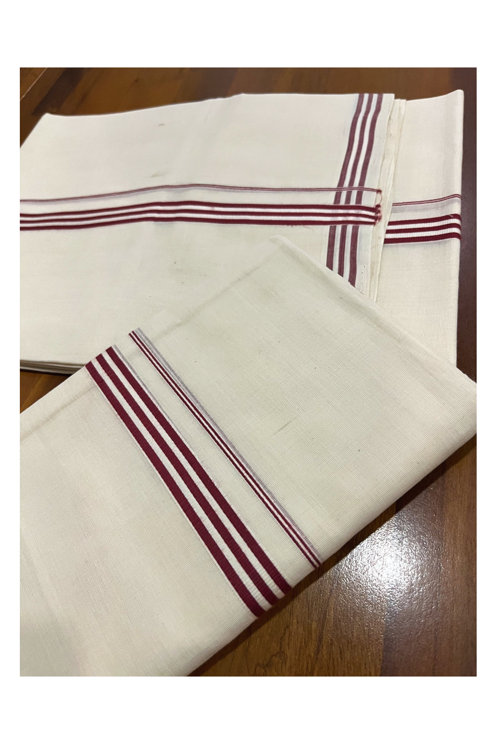 Southloom Premium Handloom Single Set Mundu (Mundum Neriyathum) with Maroon Lines Border