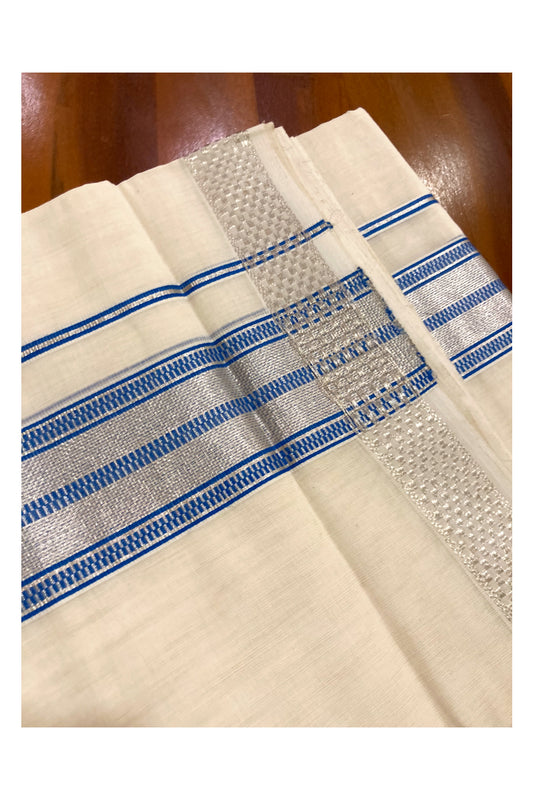 Southloom Premium Handloom Pure Cotton Mundu with Blue and Silver Kasavu Border (South Indian Dhoti)