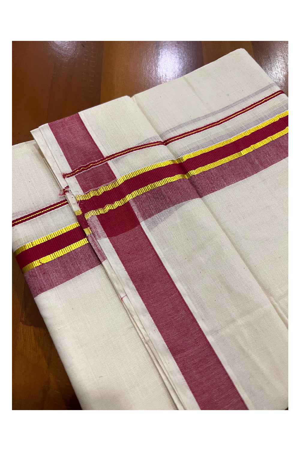 Off White Pure Cotton Double Mundu with Kasavu and Dark Red Kara (South Indian Dhoti)