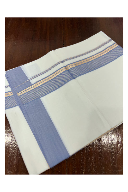 Pure White Cotton Double Mundu with Silver Kasavu and Blue Border (South Indian Dhoti)