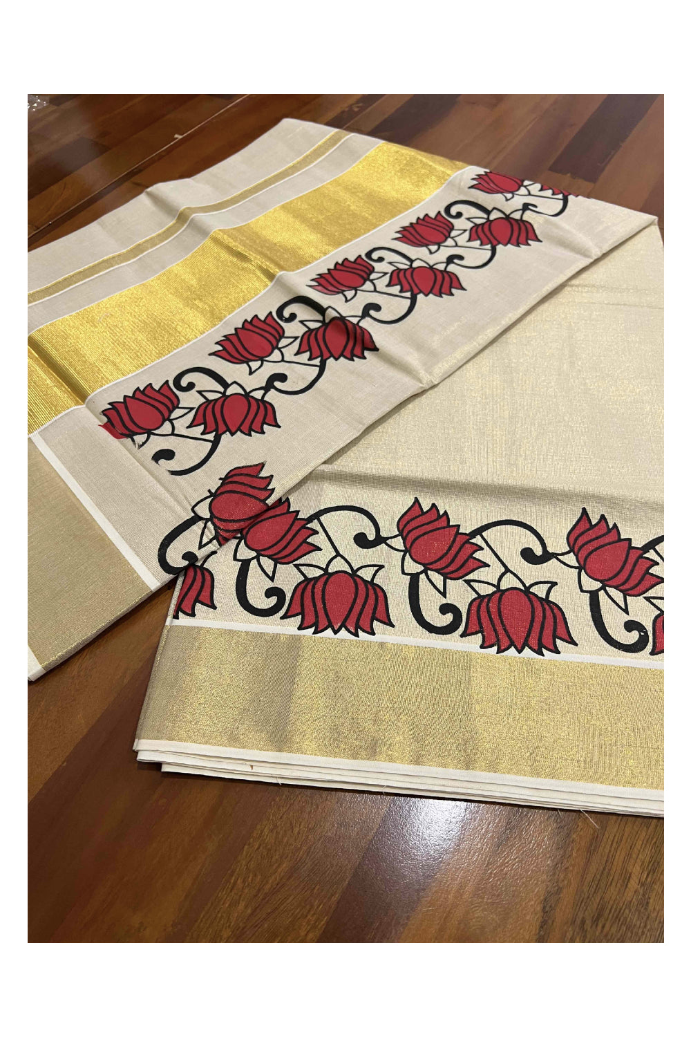 Kerala Tissue Kasavu Saree With Mural Red Floral Design on Pallu and Border