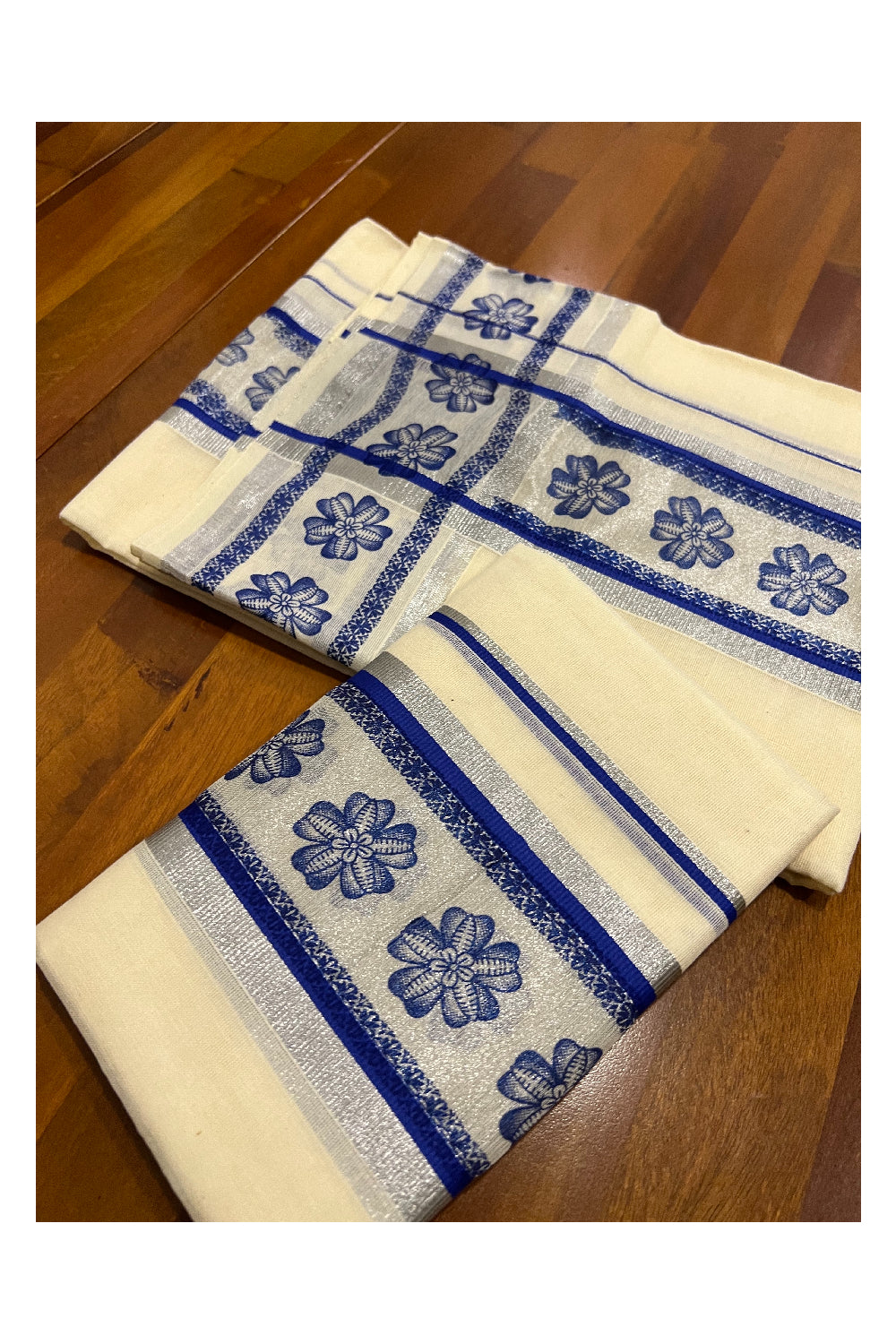 Cotton Silver Kasavu Set Mundu (Mundum Neriyathum) with Blue Floral Block Prints on Border