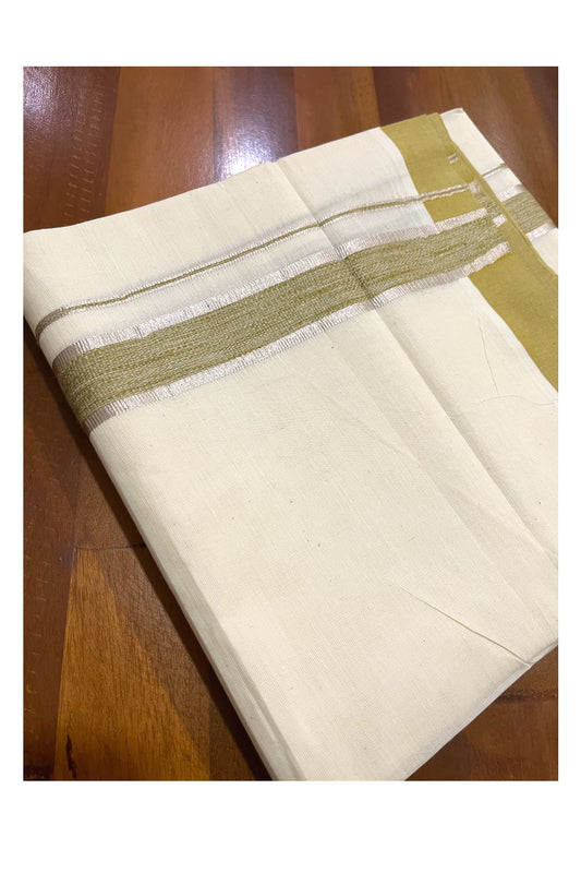 Pure Cotton Off White Double Mundu with Silver Kasavu and Green Border (South Indian Dhoti)