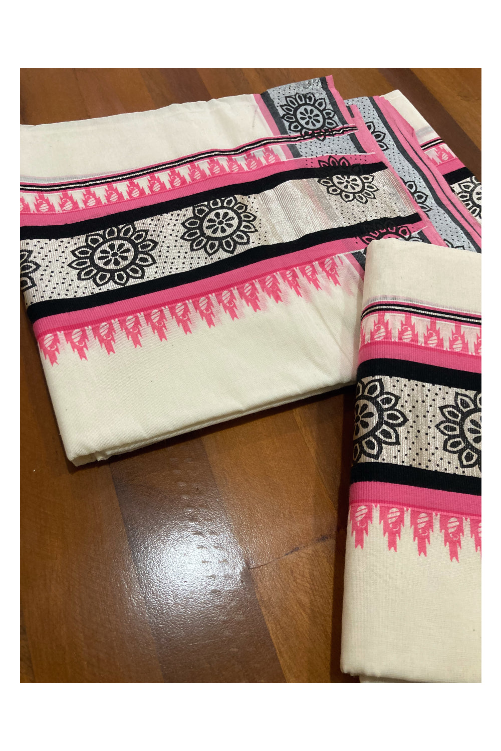 Cotton Silver Kasavu Set Mundu (Mundum Neriyathum) with Black and Pink Block Prints on Border 2.80 Mtrs