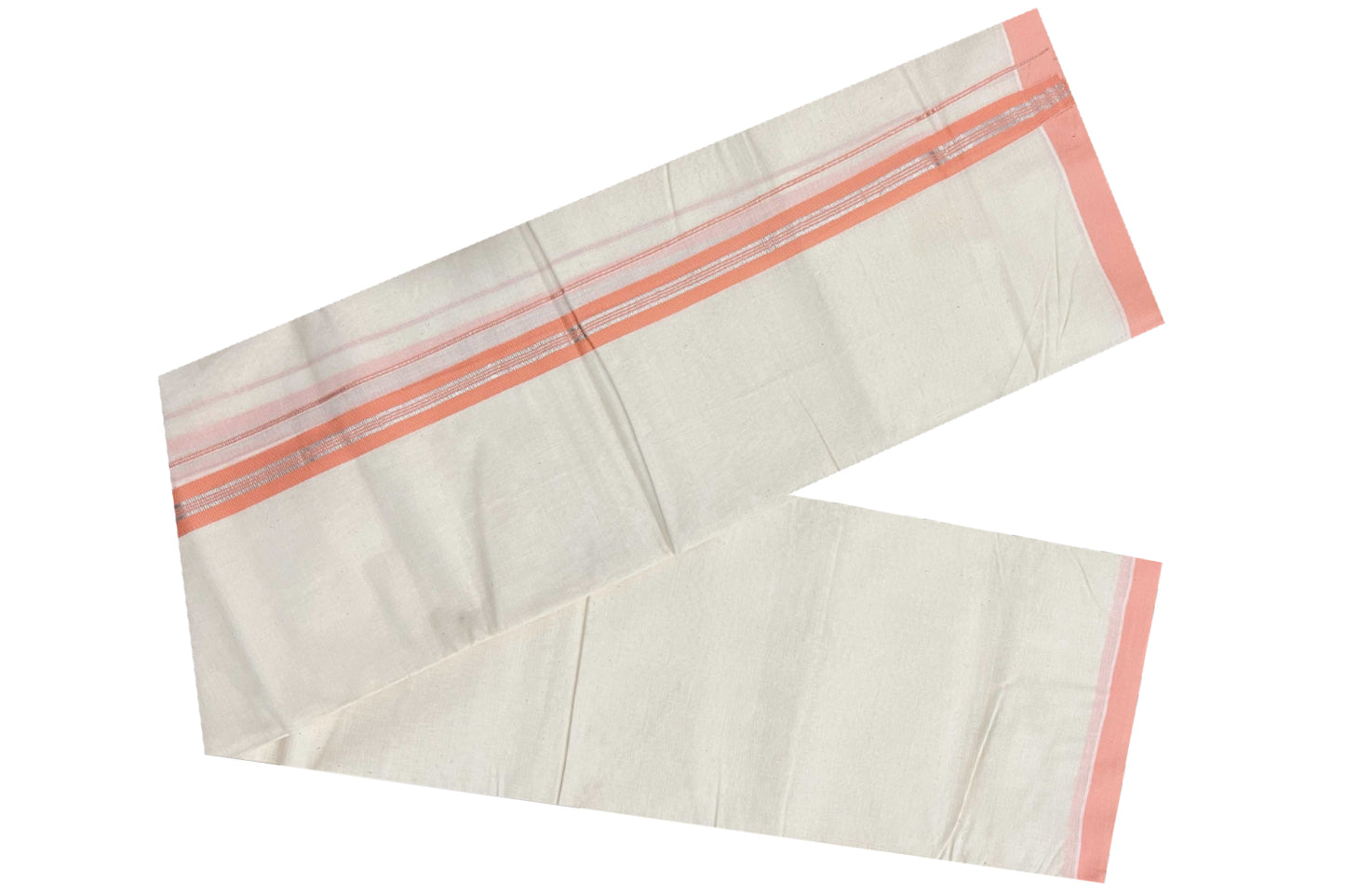 Off White Pure Cotton Double Mundu with SIlver Kasavu and Dark Peach Kara (South Indian Dhoti)